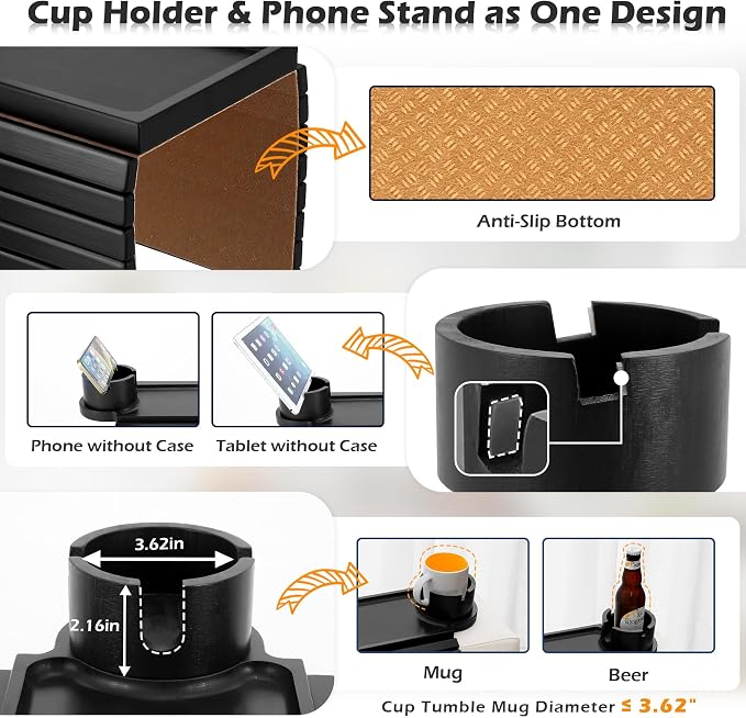 Couch Cup Holder Tray, 3 in 1 Large Couch Arm Trays, Bamboo Chair Clip on Tray - Image 4