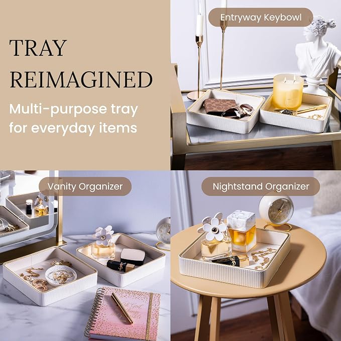 2 Pack White Catch All Trays for Jewelry| Small Leather Valet Tray| Key Bowl - Image 9