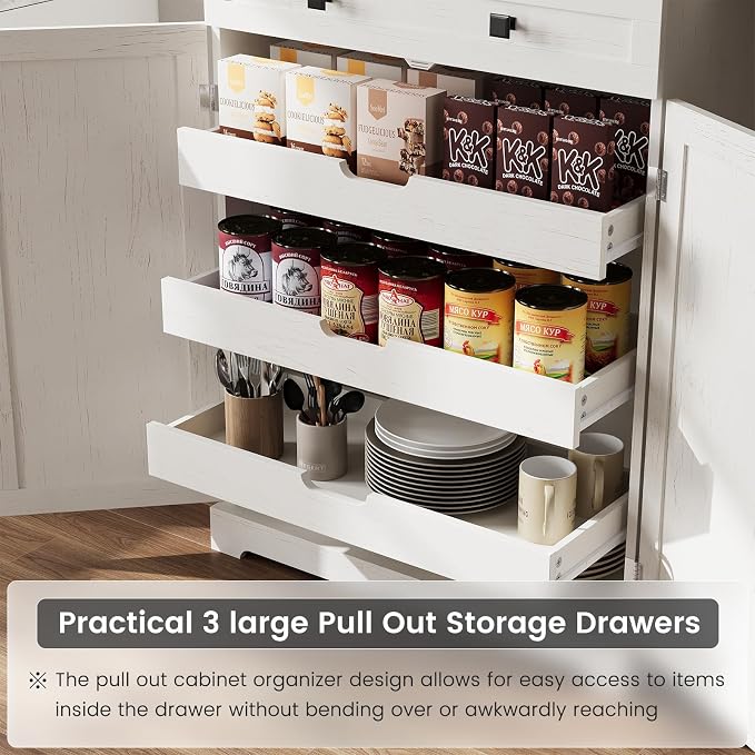 ELYKEN 72" Pantry Cabinet with Door Shelving & Sliding Shelves, Farmhouse Tall - Image 7