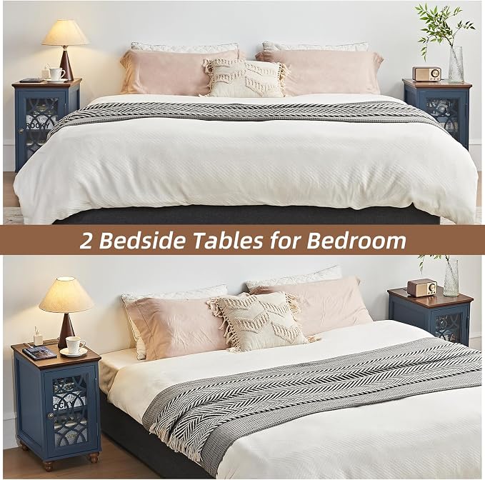 Narrow Side Table with Charging Station Set of 2, Night Stand with Glass Door - Image 4