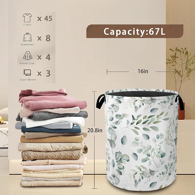 Green Eucalyptus Collapsible Laundry Baskets, Leaves Branches Laundry Hamper - Image 3