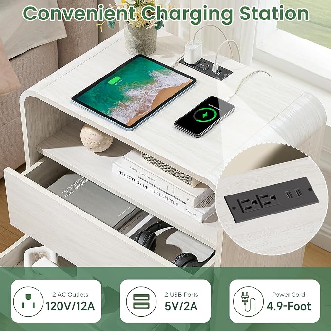 White Nightstand Set of 2 with Charging Station, 23.2" Wide Wood Bedside Table - Image 3