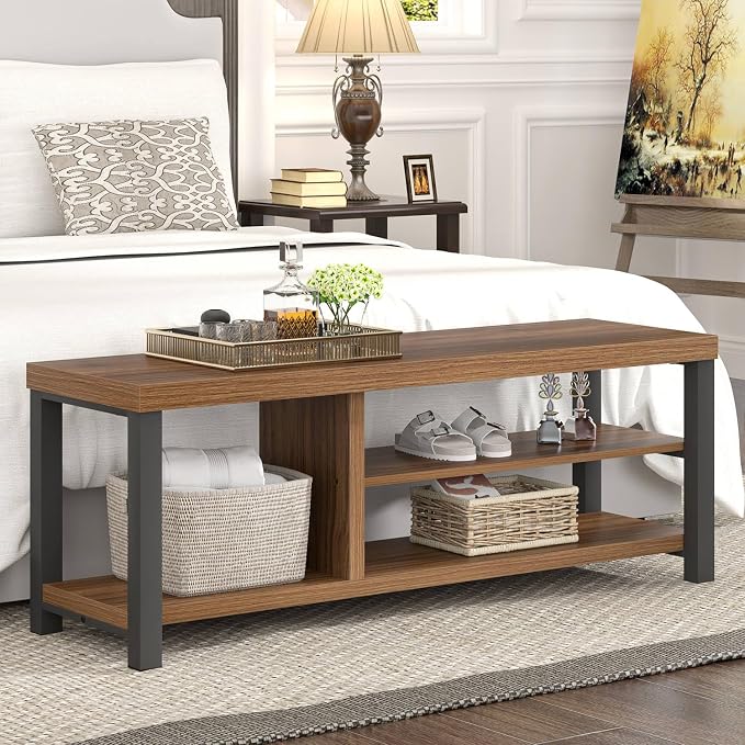 FOLUBAN Shoe Bench, Modern Wood and Metal Storage Bench - Image 3