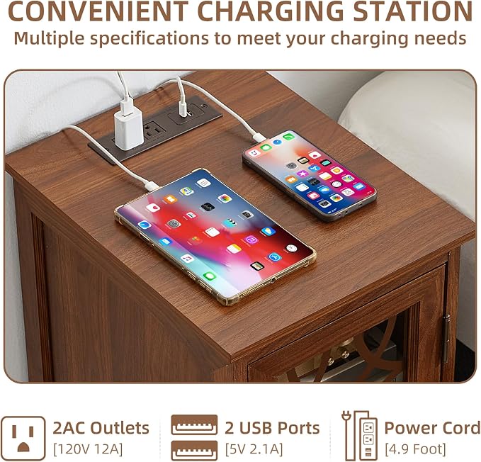 Narrow Side Table with Charging Station Set of 2, Night Stand with Glass Door - Image 4