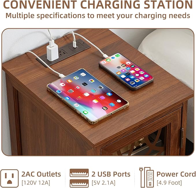 Narrow Side Table with Charging Station, Night Stand with Glass Door, Bedside - Image 3