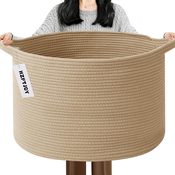 Large Storage Basket with Handle, 19.7" L x 19.7" W x 13" H Blanket Basket by HZFTJOY