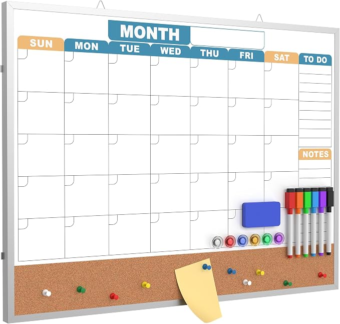 Monthly Calendar Dry Erase Board 24x18 Inch, Double-Sided Whiteboard and by HLF-ho