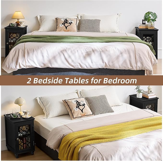 Narrow Side Table with Charging Station, Night Stand with Glass Door, Bedside - Image 8