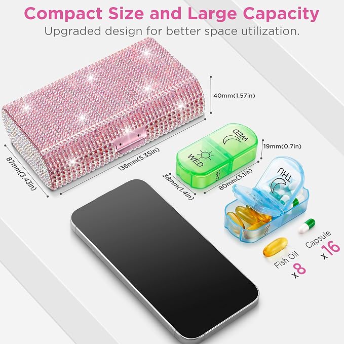 Zannaki Bling Metal XL Weekly Pill Organizer 2 Times a Day, Large Travel Daily - Image 2
