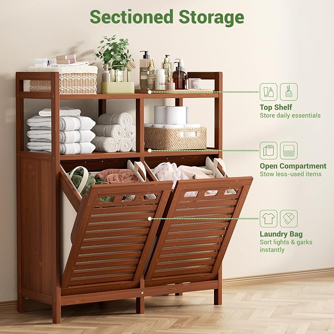 Homykic Tilt Out Laundry Hamper Cabinet, Bamboo Double Laundry Hamper - Field & Grace