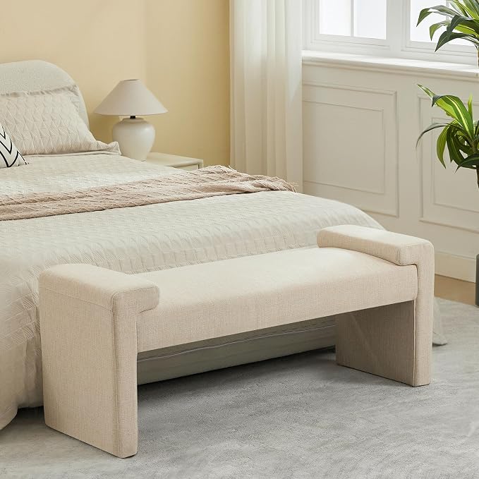 43" Linen End of Bed Bench Upholstered Modern Bedroom Bench by WUTUTUEE