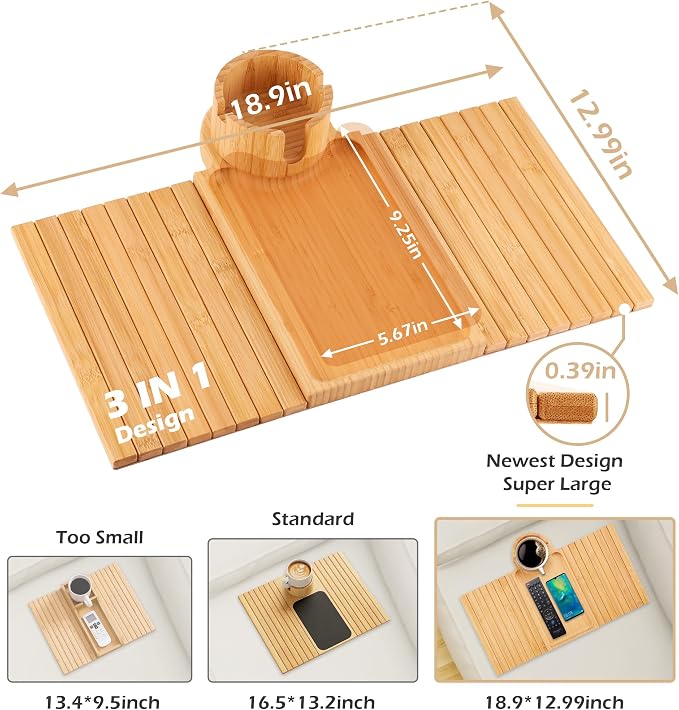 Couch Cup Holder Tray, 3 in 1 Couch Arm Trays, Large Bamboo Chair Arm Rest Tray - Image 6