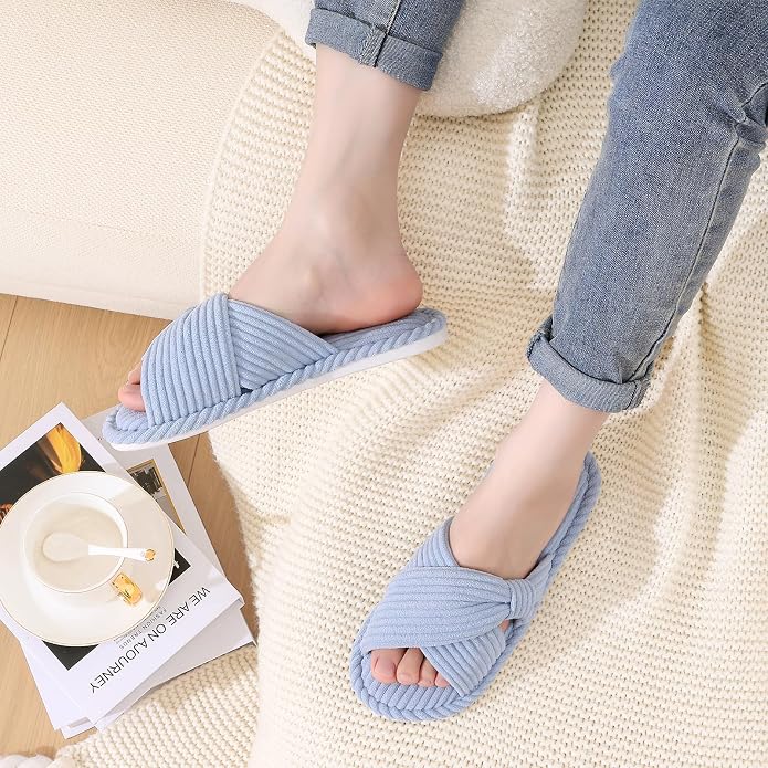 Evshine Fall House Slippers for Women Corduroy Cross Bow Indoor Slippers Open - Image 2