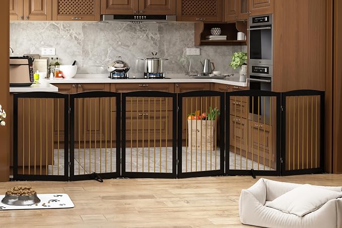 Freestanding Pet Gate for Dogs, Indoor Wooden Dog Gate for House, Extra Wide by PUPETPO