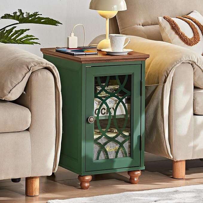 Narrow Side Table with Charging Station Set of 2, Night Stand with Glass Door - Image 4