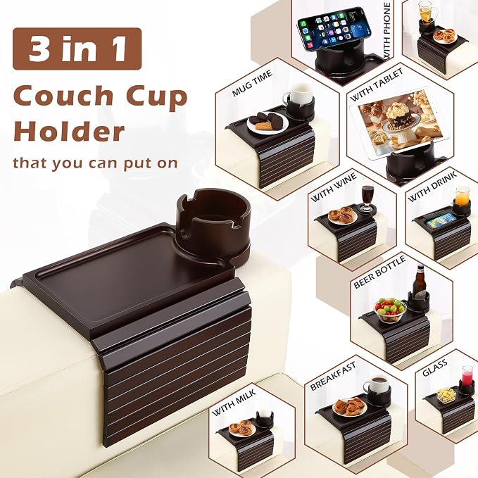 Couch Cup Holder Tray, 3 in 1 Large Couch Arm Trays, Bamboo Chair Clip on Tray - Image 3