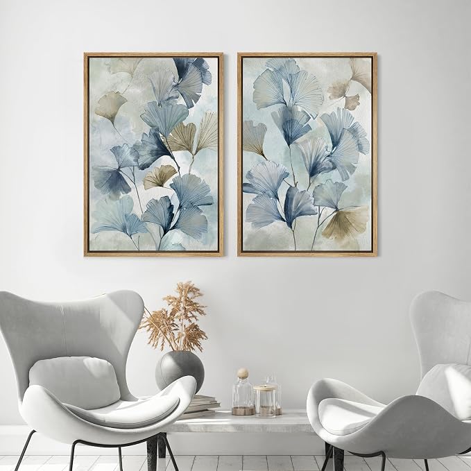 MUDECOR Framed Canvas Print Wall Art Blue Ginkgo Flower Illustrations Modern - Image 4