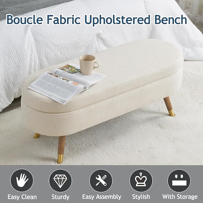 IAFIKE Oval Storage Bench 43.5" Ottoman Bench Upholstered Boucle Fabric - Image 3