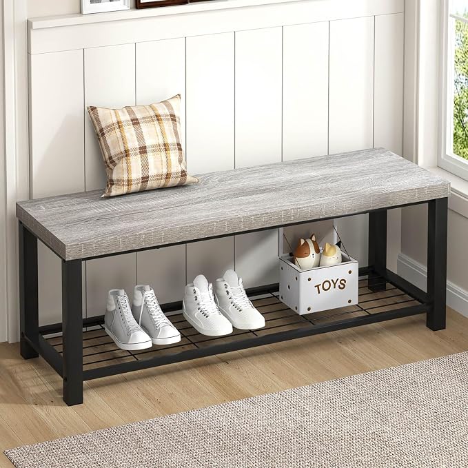 FOLUBAN Entryway Bench, Vintage Wood and Metal Storage Bench by FOLUBAN