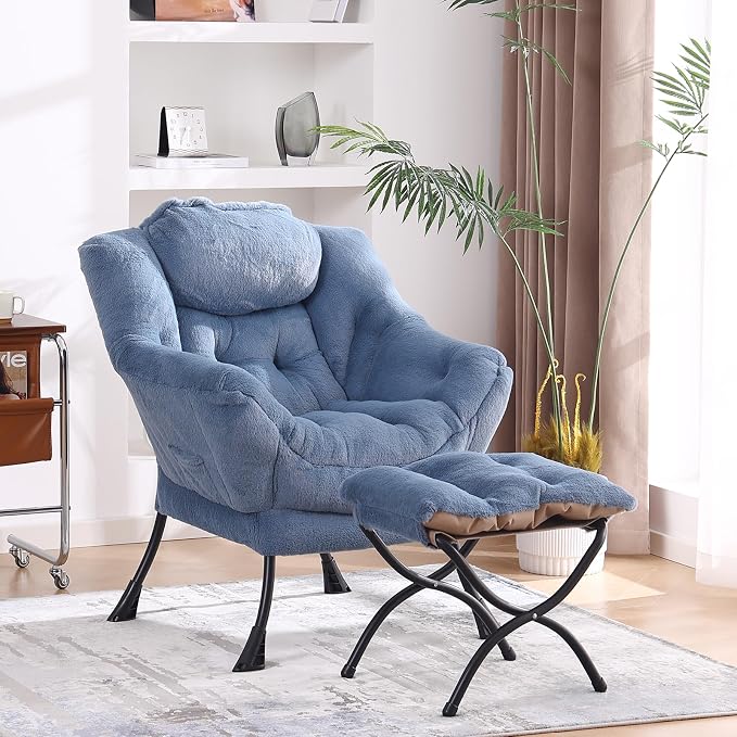 Lazy Chair with Folding Ottoman, Modern Accent Lounge Armchair with Armrests - Image 2