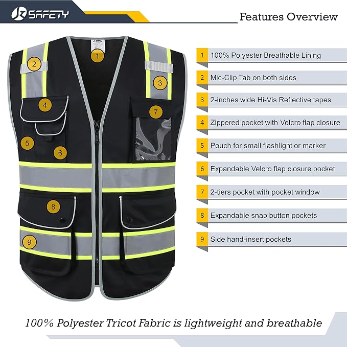 JKSafety 9 Pockets Hi-Vis Black Color Zipper Front Safety Vest Fluorescent - Image 3