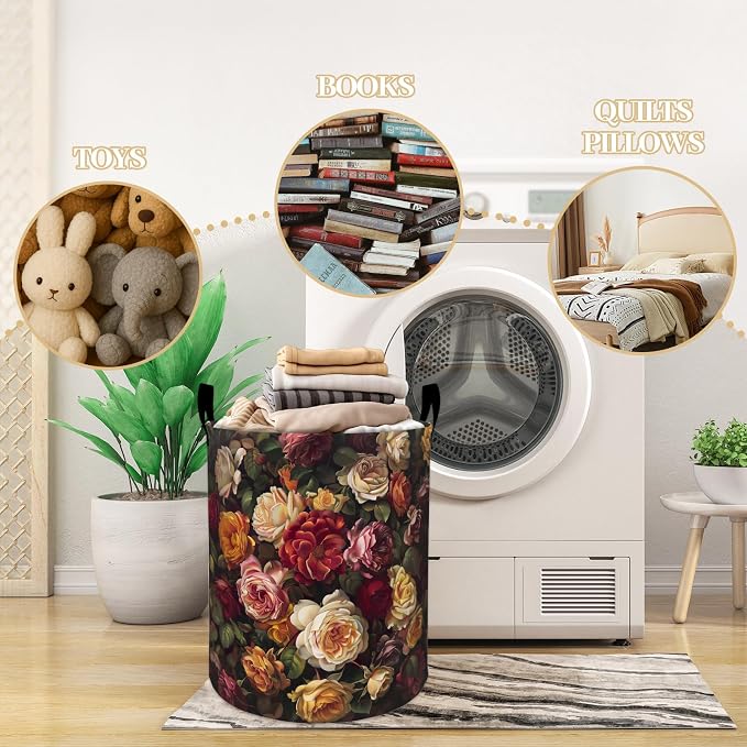 Lush Roses in Red and Yellow Shades Laundry Basket, Dorm Nursery Foldable - Image 3
