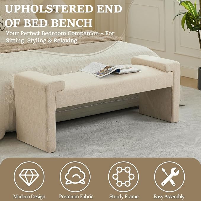 43" Linen End of Bed Bench Upholstered Modern Bedroom Bench - Image 6