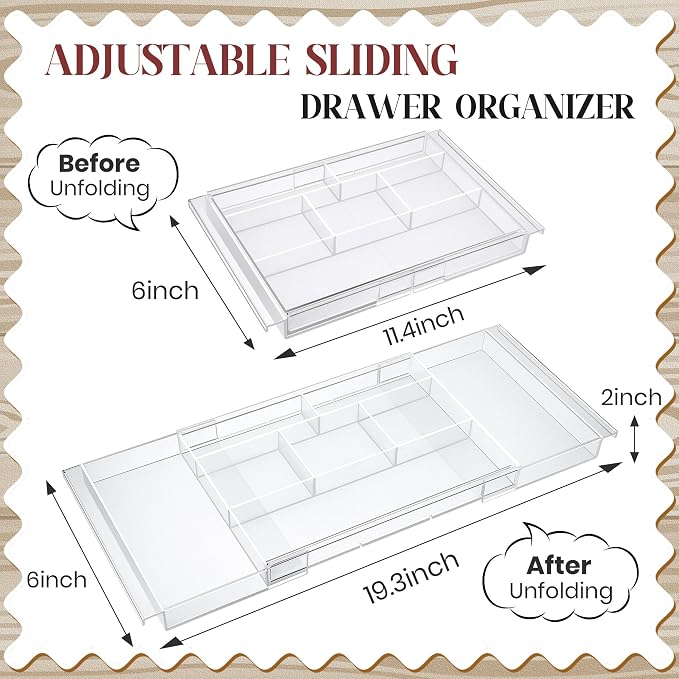 2Pack Shallow Expandable Drawer Organizer, Adjustable 12.5”–20” Clear Plastic - Image 4