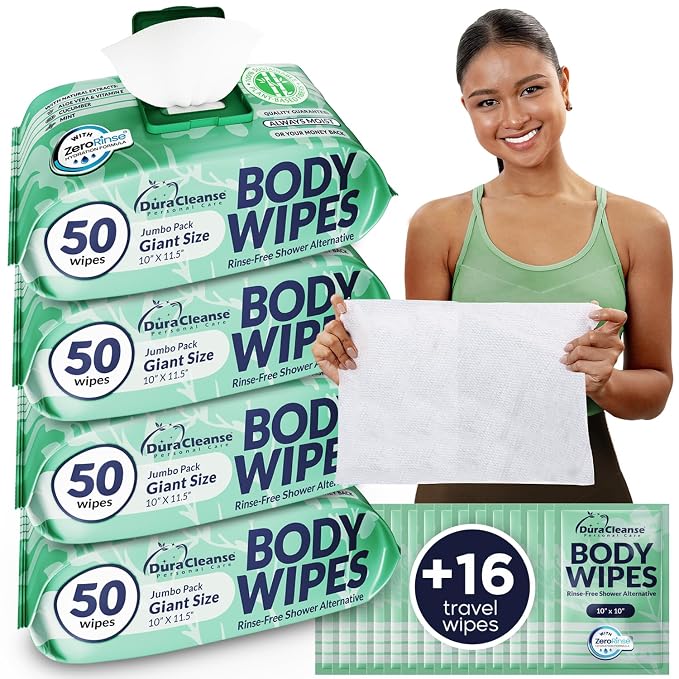 Body Wipes for Women – Sensitive Skin – 4 Pack, Extra Moist No Rinse Bathing by DuraCleanse