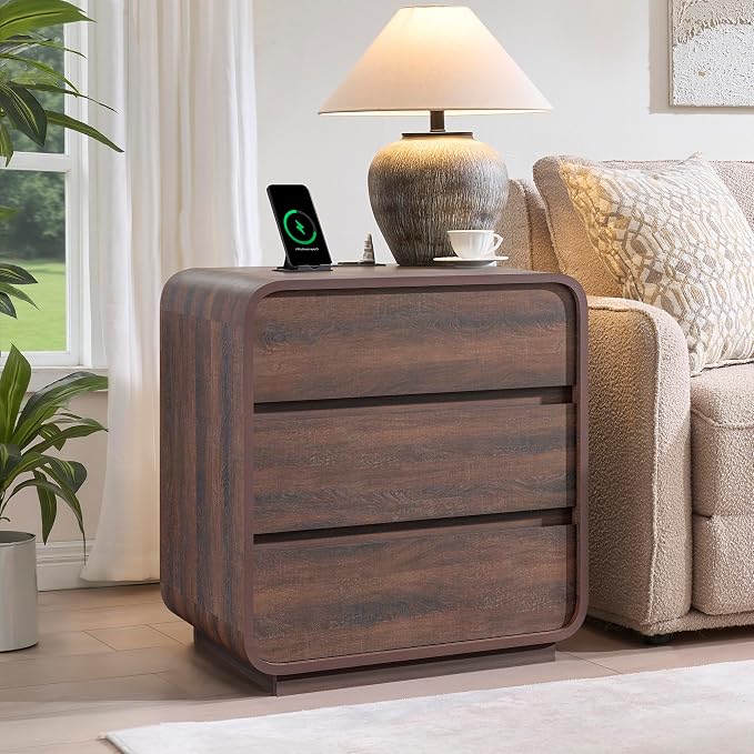 Walnut Curved Nightstand Set of 2, 23.2" Wide Wood Bedside Table - Image 3