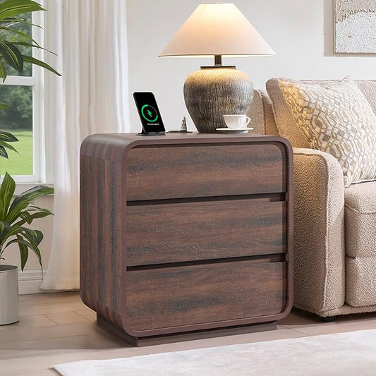Walnut 3 Drawers Nightstand, Large Side Table Curved Profile, Handleless by StandifurnoFurniture
