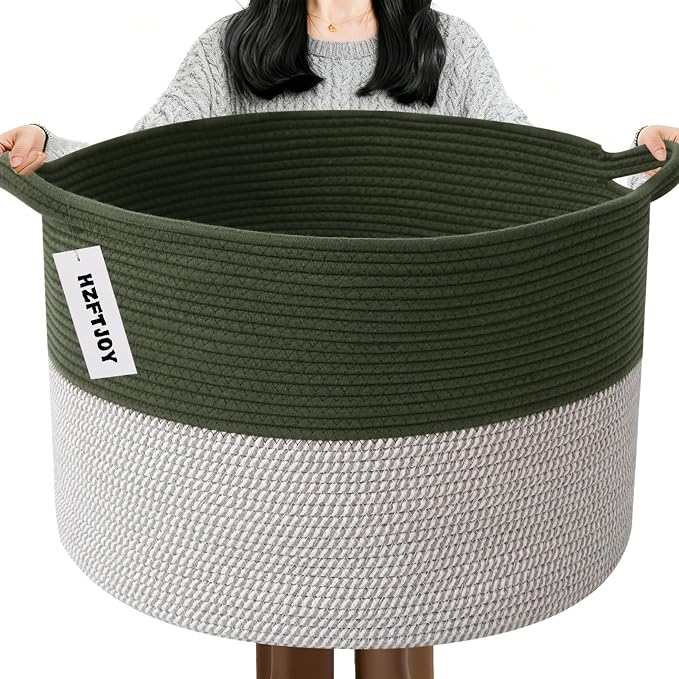 Large Storage Basket with Handle, 19.7" L x 19.7" W x 13" H Blanket Basket by HZFTJOY