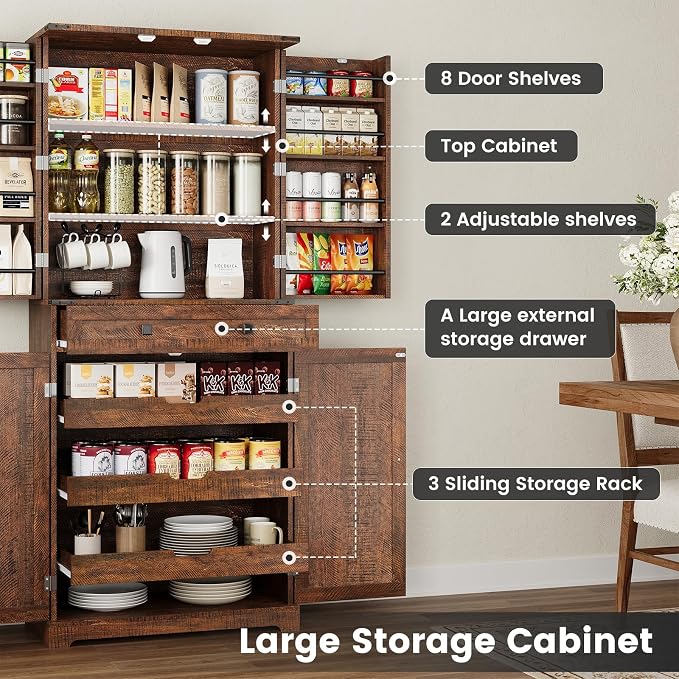 ELYKEN 72" Tall Kitchen Pantry Cabinet, Rustic Brown Farmhouse Pantry - Image 7