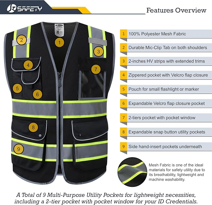 JKSafety 9 Pockets High Visibility Zipper Front MESH Black Safety Vest | Black - Image 3