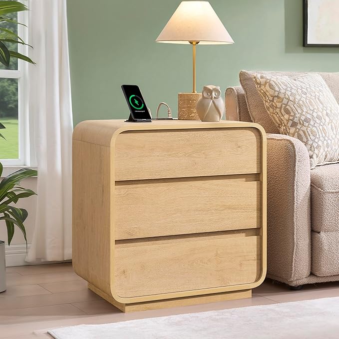 Natural Curved Nightstand Set of 2, 23.2" Large Wood Bedside Table - Image 3