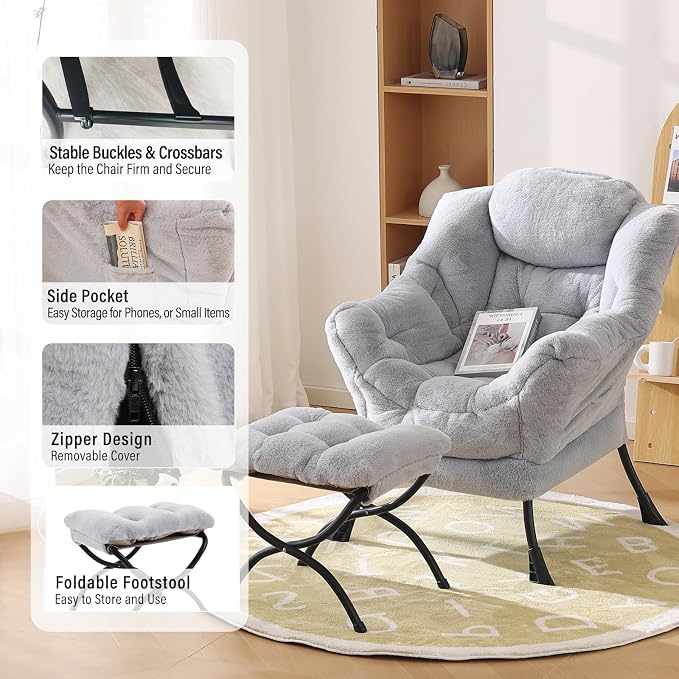 Lazy Chair with Ottoman, Modern Reading Chair with Folding Footrest, - Image 5