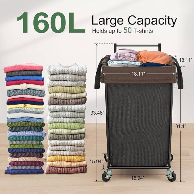 160L Laundry Hamper with Wheels and Handle, 2 Section Large Rolling Laundry - Image 2