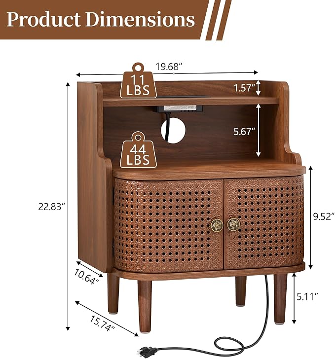 Metal Rattan End Table with Charging Station, Mid Century Modern Nightstand - Image 3