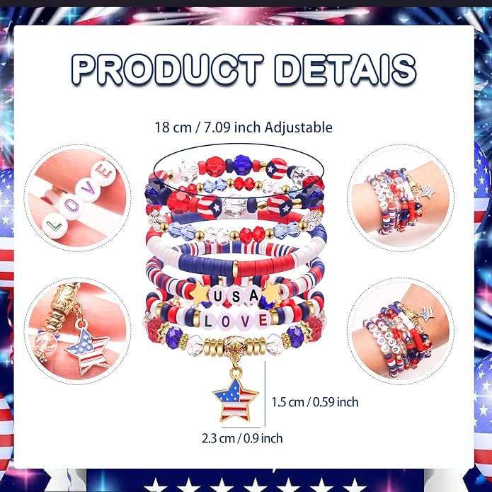 Independence Day Gifts for Women Men Teens Red White Blue Clay Beaded Stackable - Image 2