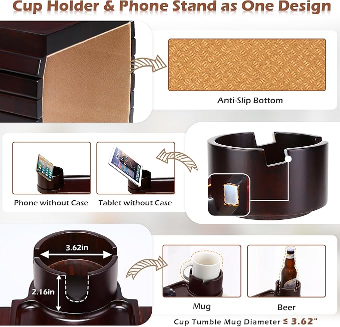 Couch Cup Holder Tray, 3 in 1 Large Couch Arm Trays, Bamboo Chair Clip on Tray - Image 6