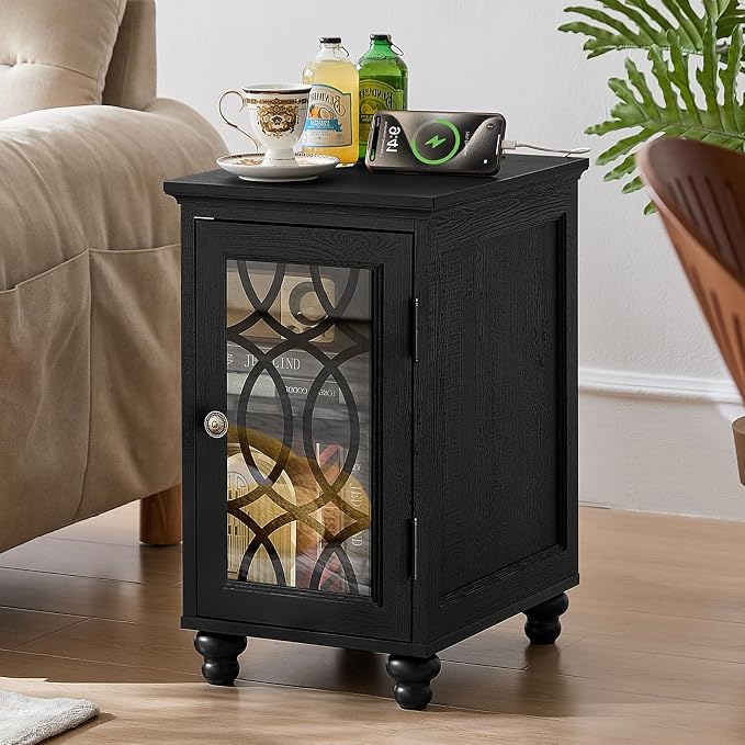 Narrow Side Table with Charging Station, Night Stand with Glass Door, Bedside - Image 3