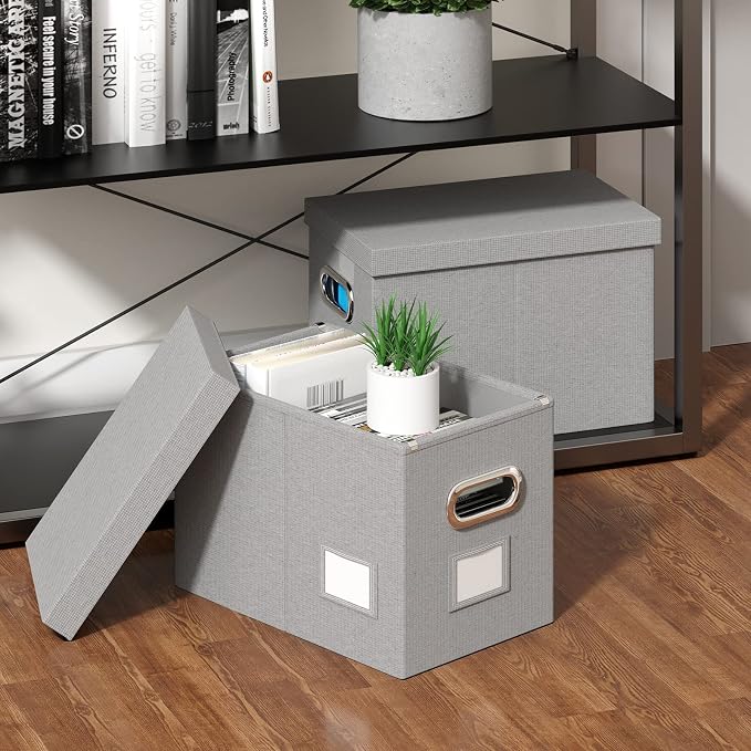 Hanging File Box with Lid, Linen Collapsible Decorative Office/Home File Cabinet - Image 3
