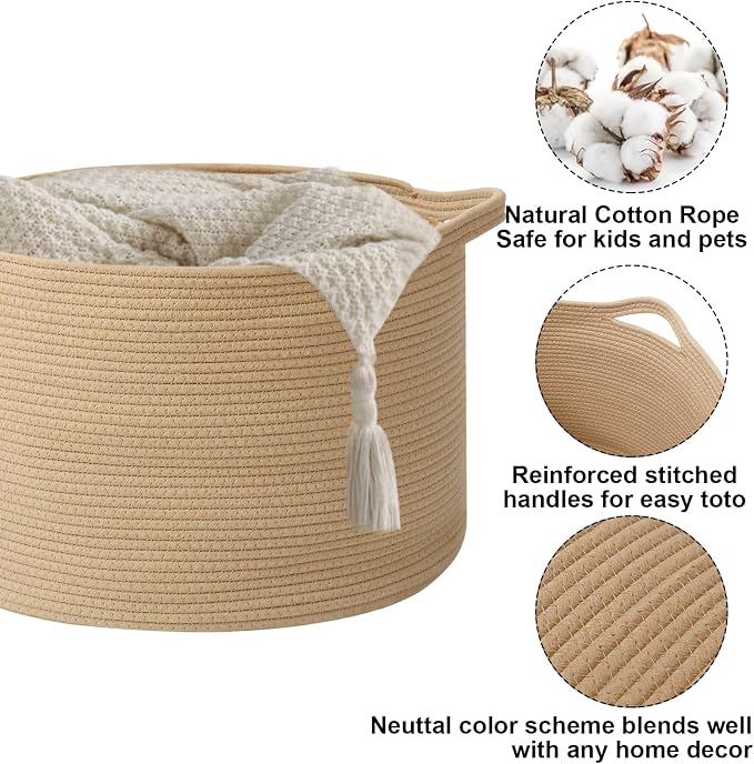 Large Storage Basket with Handle, 19.7" L x 19.7" W x 13" H Blanket Basket - Image 3