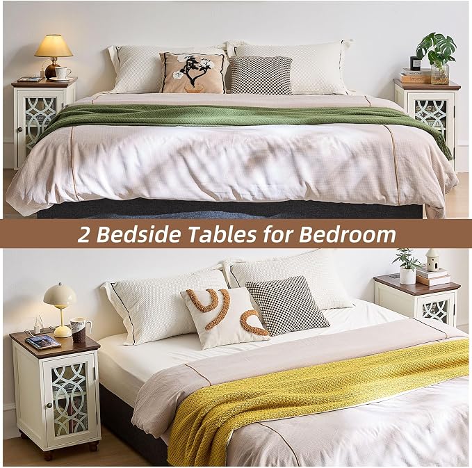 Narrow Side Table with Charging Station Set of 2, Night Stand with Glass Door - Image 7