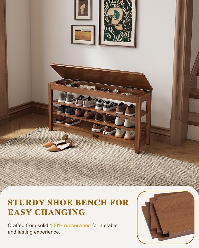 Shoe Rack Bench Seat Rubberwood 3-Tier Wooden Storage Bench 550lbs Compact - Image 5