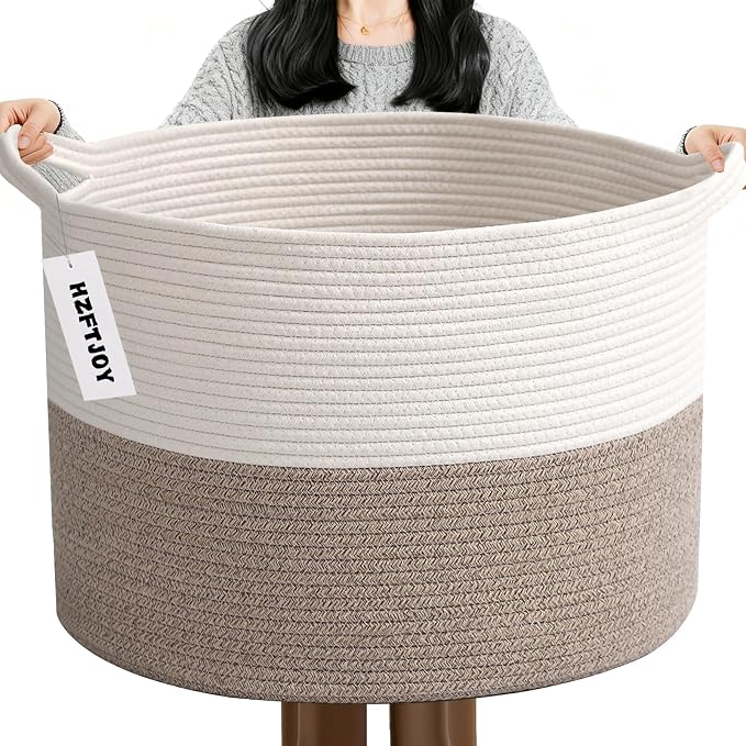 Large Storage Basket with Handle, 19.7" L x 19.7" W x 13" H Blanket Basket by HZFTJOY