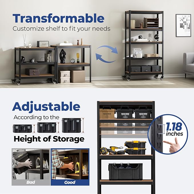 HOMEDANT House 36.2" 5-Tier Metal Rolling Cart Shelf Rack Casters Heavy Duty - Image 11