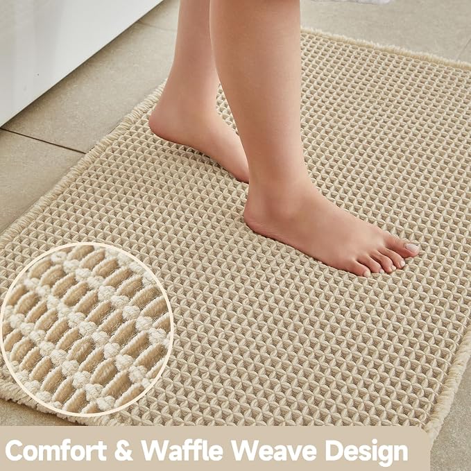 Pale Beige Long Bathroom Rug, Waffle Runner Rug Bathroom Non Slip Washable - Image 3