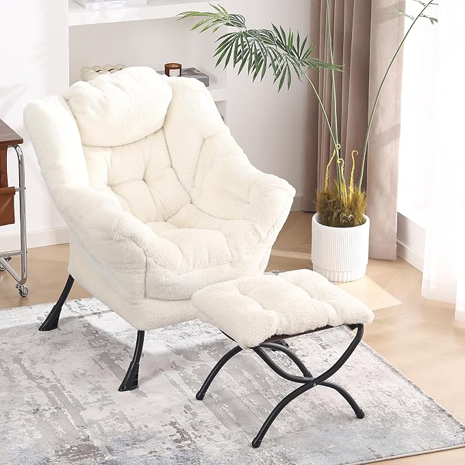 Lazy Chair with Ottoman, Modern Accent Lounge Armchair with Side Pocket & - Image 5
