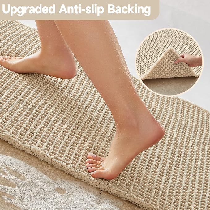 Pale Beige Long Bathroom Rug, Waffle Runner Rug Bathroom Non Slip Washable - Image 4